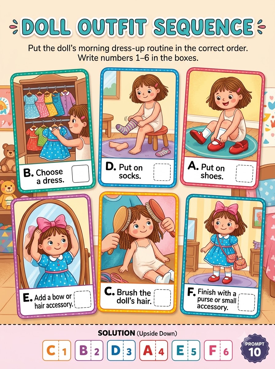 Doll Outfit Sequence — sequencing activity with 6 illustrated panels to put in order